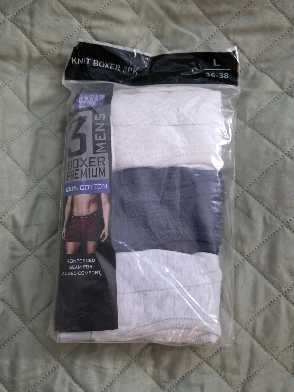 NWT- Rayan Club Large Men's 3-Pack Cotton Boxer Briefs - White & Navy & Gray